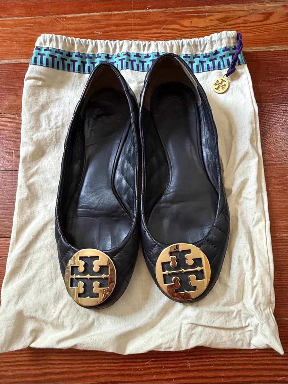 Tory Burch Black Quilted Leather Reva Flats with Gold Logo Medallion